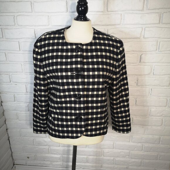 Ann Klein Ladies Size 12 Black & Ivory Checkered Wool & Cashmere Blend Blazer - Picture 1 of 9